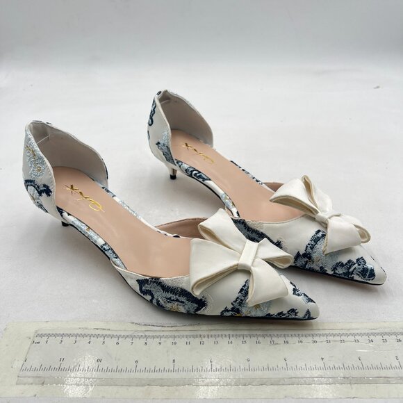 XYD Blue Flower White-bow D'Orsay Kitten Heel Bridal Bowknot Pointed Toe Pumps - Picture 4 of 8